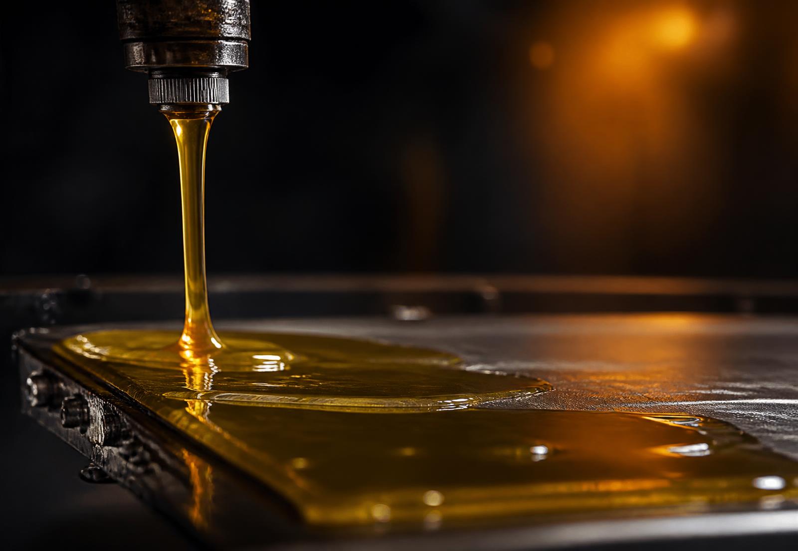 Amber industrial adhesive being applied onto a steel surface